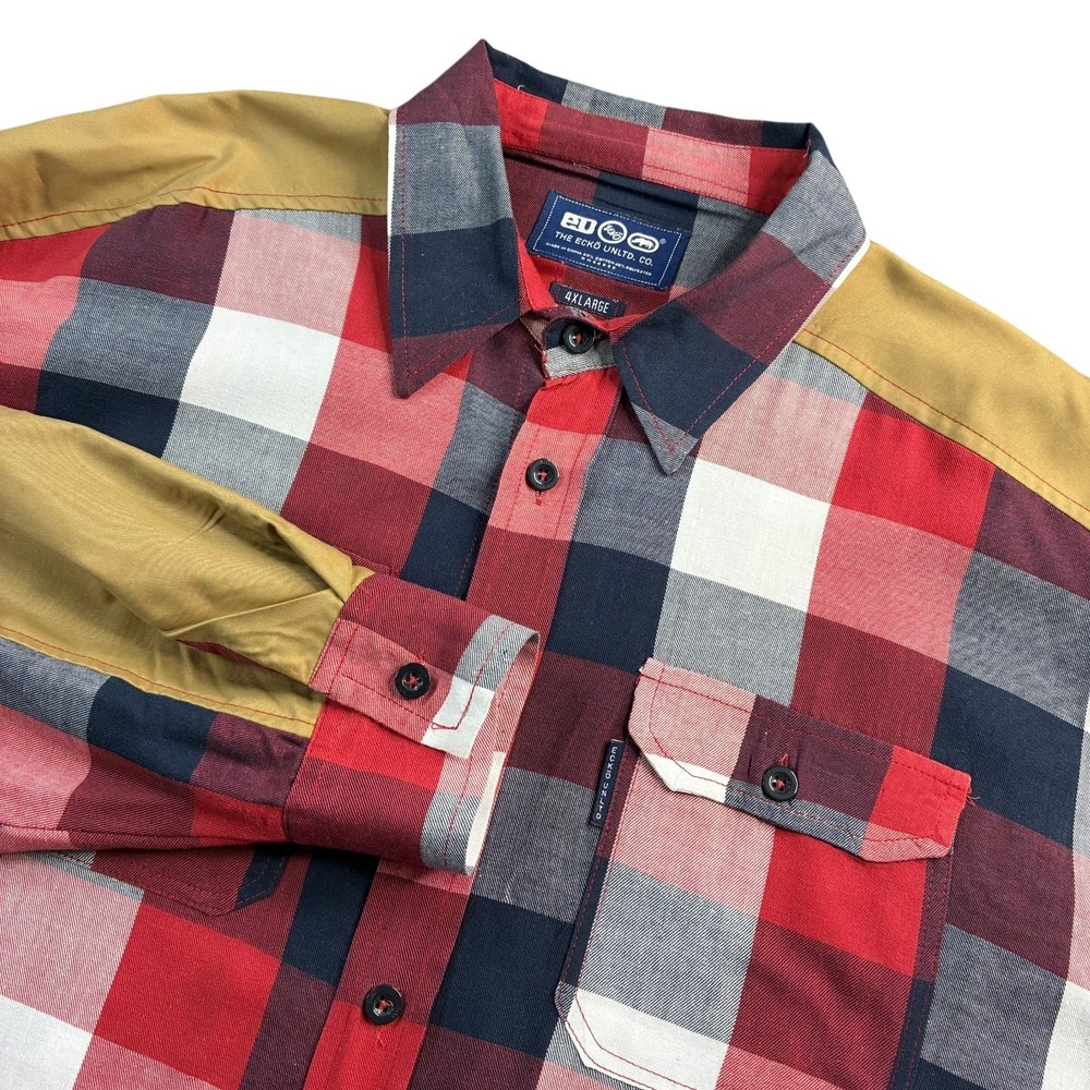 Ecko Unltd Men's Shirt Multicolor 4XL Plaid 3 Pockets Button Long Sleeve Patches